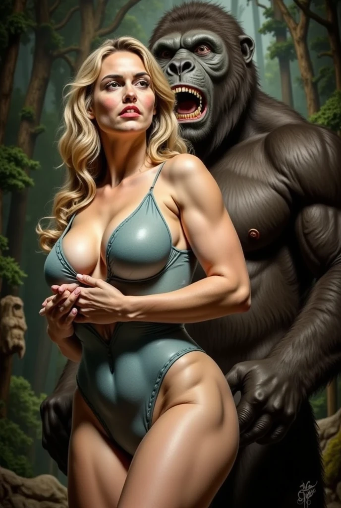 Realistic, high details, 4k, cinematic shot, A muscular giant gorilla chasing a (busty blonde naked woman facing viewer) in jungle