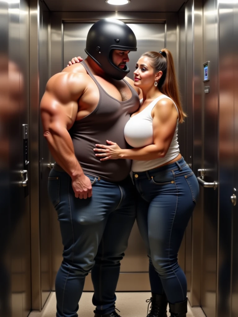 a big muscle man (rough, leather clad action hero) is being approached by a (shy, mousy, cutely dressed woman with big glasses (breasts over exposed)) asking for an autograph, convention