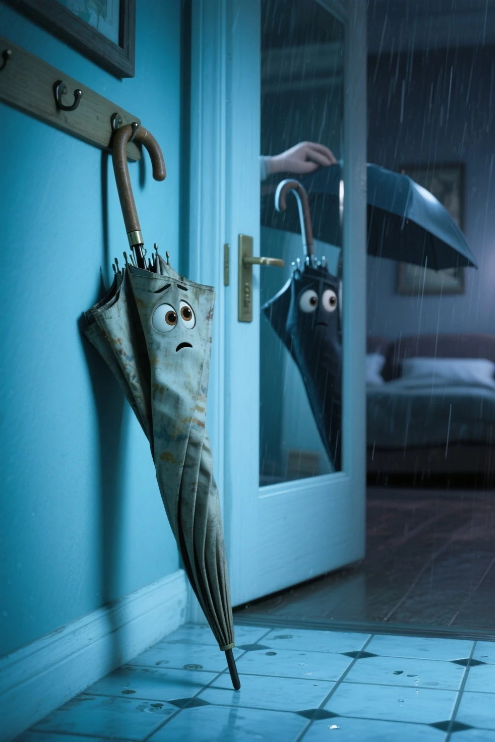 By the front door, the old umbrella watches the newer, sleeker one get picked again. It slumps slightly in the corner, its frame bent, fabric faded. But as soon as the humans leave, it straightens up and mutters to the coat rack, “I used to be the favorite.” That night, while everyone’s asleep, the umbrella sneaks into the hallway mirror and strikes dramatic poses—trying to remember what it felt like to be needed. In Pixar style, imagine its reflective eyes, stiff little hops across tiles, and a montage of stormy glory days. It doesn’t want revenge—it just wants one more rainy walk.