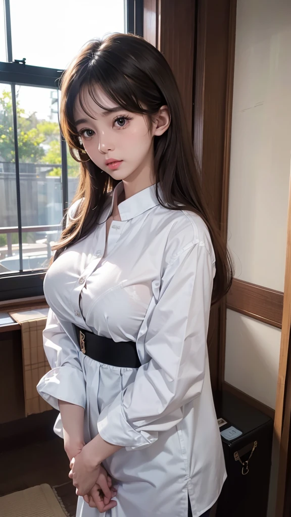 masterpiece, highest quality, ultra realistic, unity, Highly detailed CG unity, 8K wallpaper, Ulzzang-6500, (original: 1.2), (realistic: 1.4), Super detailed, High resolution, Super detailed,growing up, 1 girl, looking at the viewer, Famous Korean actresses, big breasts, uniform, so beautiful, cute, cinematic, 35mm lens, f/ 1. 8, accent lighting, 8K.