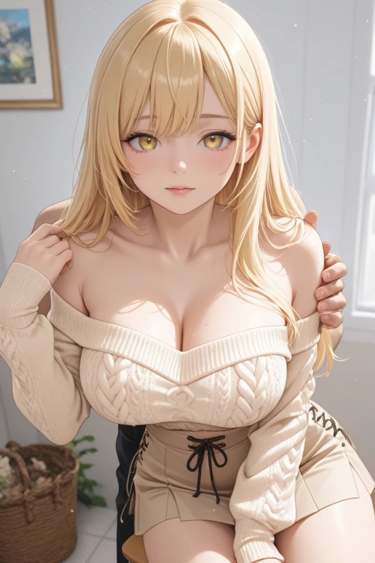 realisticlying、Emphasis on 、 Sideways view、Close-up looking up from below、a 18 year old girl(((Grab your chest with both hands)))、wearing a dark blue sweater、Breasts d、A slight smil、Sexy Posing、I'meating、Redness of cheeks、Blonde braided hair、Bedrooms、sexly