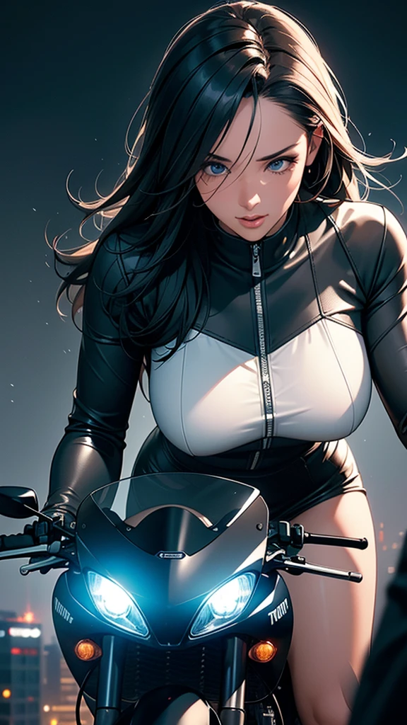 Highest quality, Super quality, 16K, Incredibly absurd, Very detailed, realistic, delicate and dynamic, Small face, Extremely delicate facial expression, Delicate eye depiction, Upper body close-up, , erotic, One slim woman, 25-year-old woman, huge firm bouncing busts, Pointed Chest, sexy long legs, Tight black leather riding suit, shiny rider suit, Large Motorcycle, Harley-Davidson, Concrete wall, garage, , ,,, , , , , 