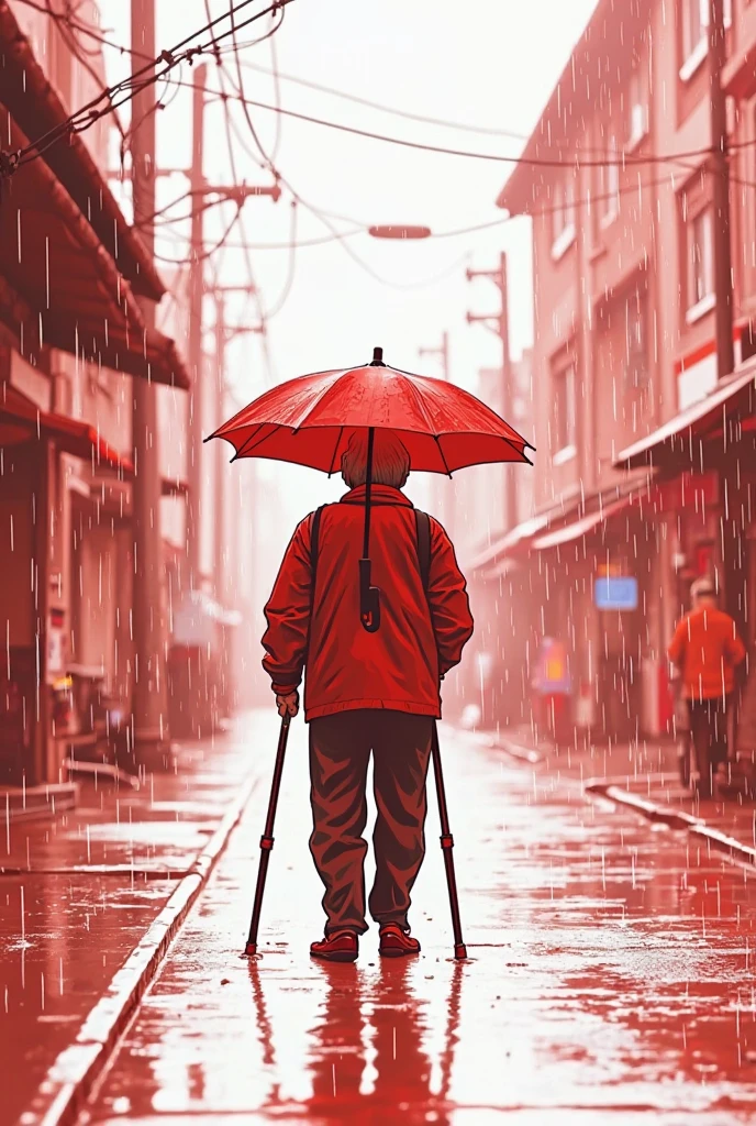ink painting, full color, White background, The path, Minimalism, Huge negative space, ink painting, person in front of the camera, with umbrella in his hand, Heavy Rain, A person dancing in the rain, holding an umbrella in his hand, full body looking at the camera. Hyper realistic