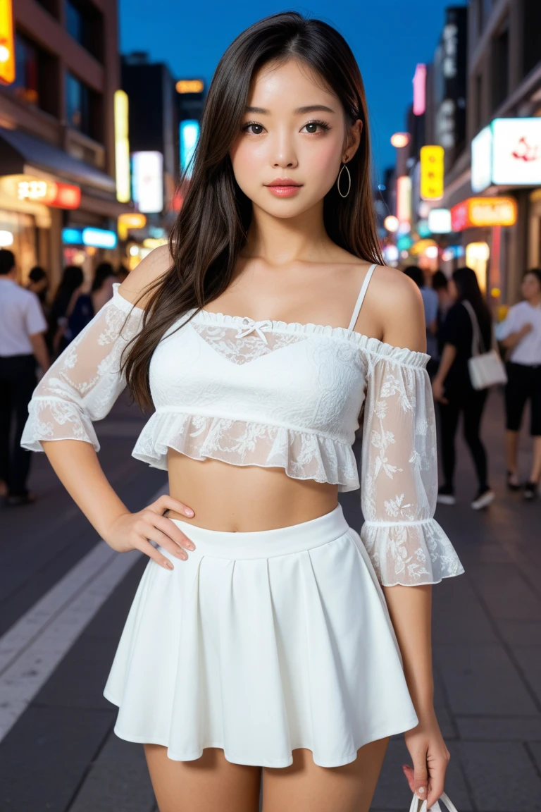 8k, RAW photo, top quality, masterpiece, realistic, photorealistic, clear, professional lighting, beautiful face, top quality, super high resolution.
         BREAK (whole body:1.5), (18 year old very beautiful Japanese girl:1.3)
  NSFW,

  Slender, very flat chested, very small breasts


  (The supermodel smiles confidently and strikes different poses in the photo shoot,:1.4)

  (A very stylish cafe terrace that is magically lit up at night:1.3)


(Multi-layer bell sleeve crop top with scalloped trim, :1.4), ((off-shoulder, bare belly):1.3), (Crochet lace embellishment.:1.2)(Multi-layer asymmetric low-leg flared leather skirt, :1.3)