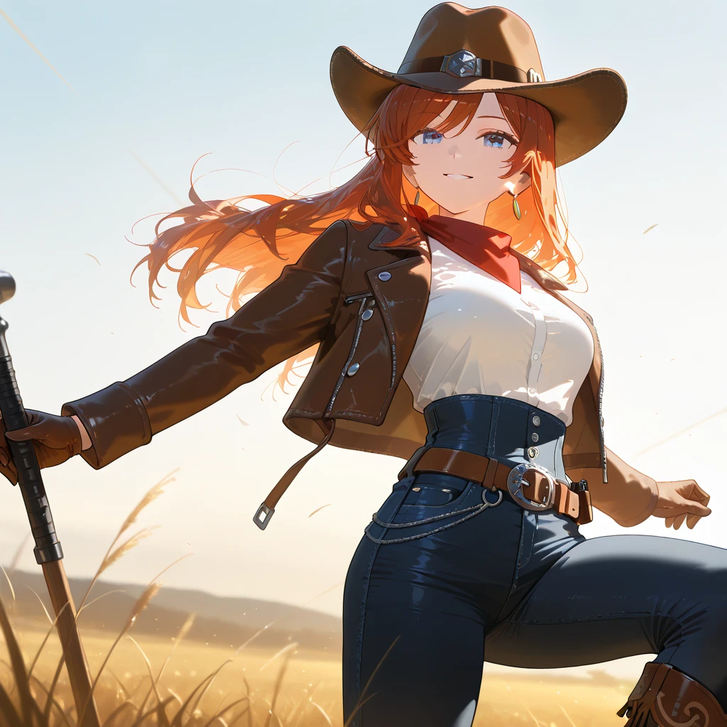(High quality, High resolution, Fine details), A cowgirl, hat, dusty field, authentic Western style, warm color palette, dramatic lighting, solo, curvy women, Red Hair, sparkling eyes, (Detailed eyes), smile, blush, Sweat, Oily skin, shallow depth of field
