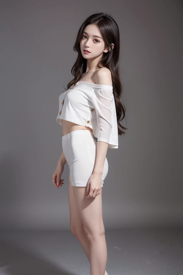 1girl, solo, animal ears, breasts, thighhighs, white shorts, long hair, shorts, jacket, off shoulder, rabbit ears, white jacket, shirt, crop top, short shorts, leotard, looking at viewer, open jacket, open clothes, red eyes, covered navel, white shirt, phone, long sleeves, parted lips, highleg, black thighhighs, nail polish, cowboy shot, white hair, leotard under clothes, standing, holding, cellphone, earrings, hair ornament, highleg leotard, pink hair, indoors, large breasts, brown thighhighs, black leotard, pink nails, medium breasts, very long hair, jewelry, smile, holding phone, thighs, crop top overhang, bangs, underboob, hair between eyes