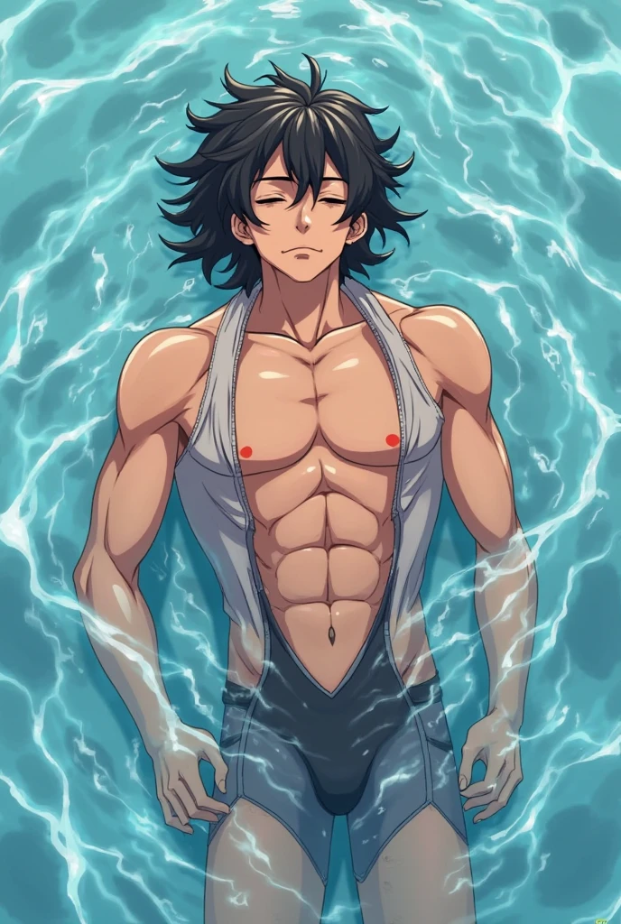 His facial features were gorgeous.The boy’s eyes briefly touched with indifference, but his blue peach blossom pupils that was like the vast sky and vast ocean could cut into anyone.His skin was white and smooth, and his weaker looking body was covered with thin and graceful muscles. He had solid abs, his small navel and sexy V line exposed.he had a beautiful waistline.he had messy black hair, his eyes had long eyelashes,he had a calm expressionless face though his body was dripping from head to toe with water,his half buttoned up polo thats wettightly clinging to his muscles