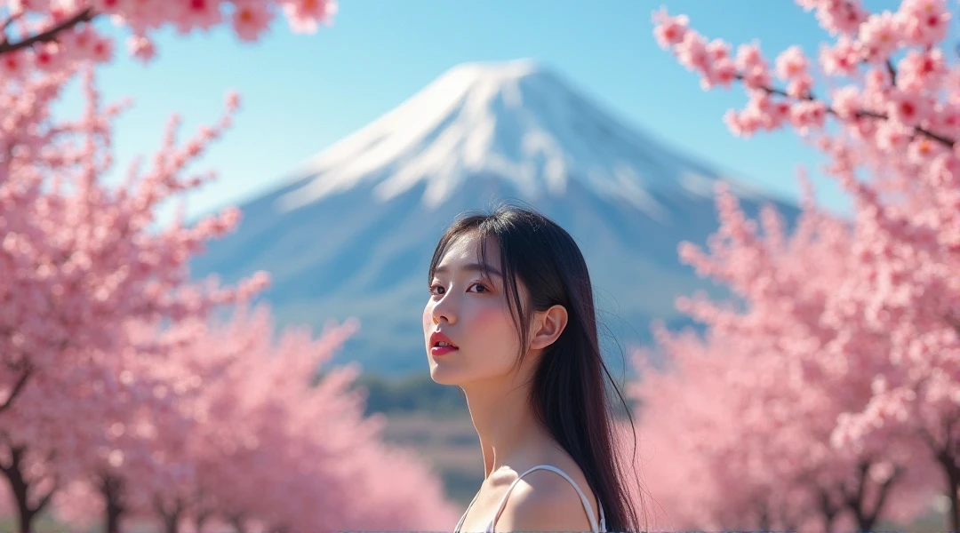 One girl,Black Hair, Floating Hair, Seaside,景color,landscape,cherry blossoms, Falling petals, Sunbeam,God&#39;s Rays,Upper Body,  color,dress,kimono