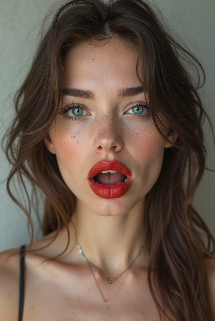 instagram photo, closeup face photo of 30 years Old, Red Lipstick, sensual Lipstick, Sensational Make Up, cleavage, pale skin, (smile:0.4), hard shadows, Red G-STRING 