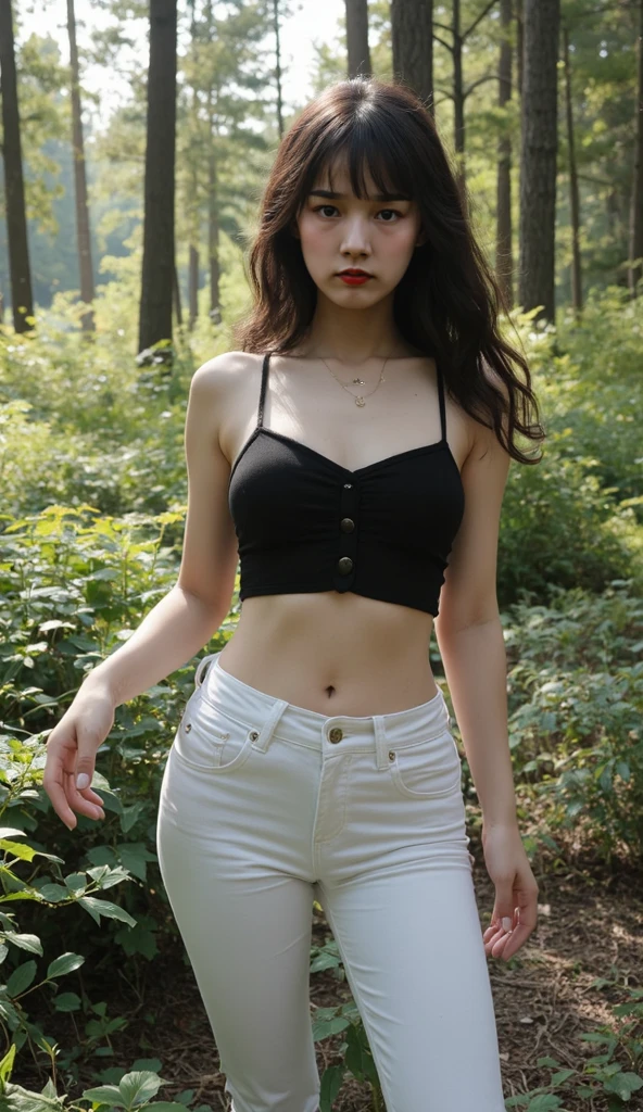 8k, best quality, masterpiece, highly detailed, semi realistic, a girl, a girl, 20 years old, looking at hands, long dark brown hair with bangs, curly hair, green eyes, black russian style cut clothes, white pants, bare shoulders, golden details, thin figure, cold expression, battle scenes, outdoors, forest background, with many trees and dark sky Gaunt well endowed girl