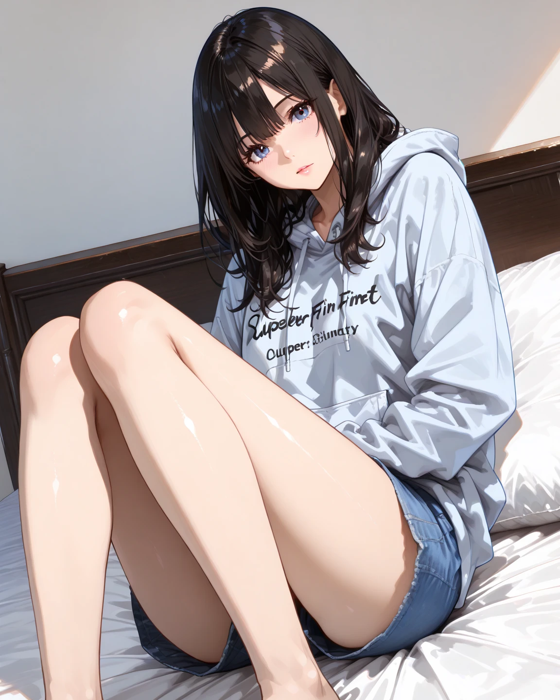 Laura, girl with pale skin, black hair and brown eyes, shy and blushy, on the sofa, lifting up dark hoodie, spread legs, bottomless, no panties, pussy, pussy juice, pussy hair
