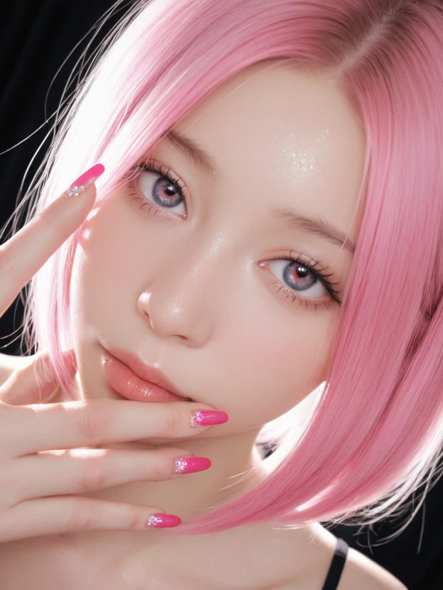 Image of a female hand showing beautiful nails painted in light colors (pink tones), there are some rings. Long almond-shaped nails, long gel nails.
