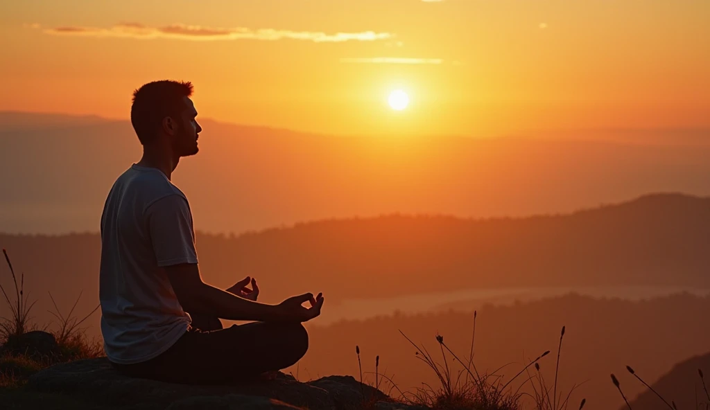 (Imagem de uma pessoa meditando em um local tranquilo, com pensamentos positivos emanando e atraindo coisas positivas ao redor.)