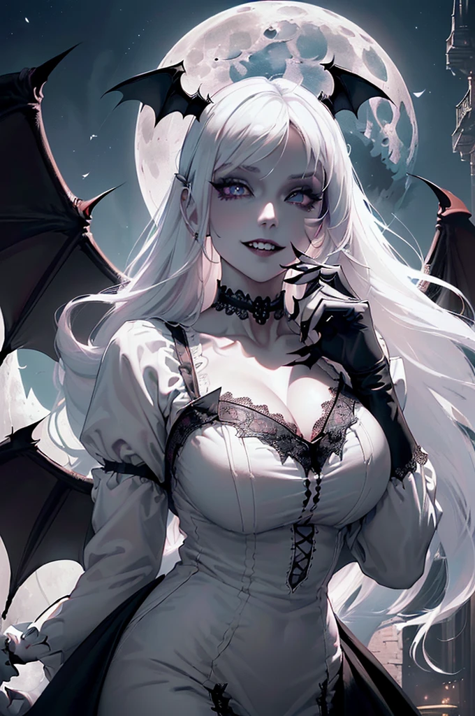 best quality,close up shot,attractive, from below,sexy,vampire woman,vampire fangs,top half of body,cleavage,chin from under, chin up, angle,red lipstick,sharp fangs,pale skin,intense gaze,detailed eyes,white wavy hair,voluminous curls, underboob, view from below, dark background,seductive expression, piercings,alluring,enchanted,gothic beauty,piercing eyes,dramatic lighting,stunning,vampiric charm,provocative,tempting,mesmerizing look,alluring smile,glamorous, mysterious,vivid colors,erotic,powerful presence,tantalizing,enchanted,dark romance,spellbinding, seductive silhouette,exquisite,dramatic shadows,eye-catching,artistic masterpiece:1.2,highres,HDR, from under, blushing, 1 colour background. monocrome background,