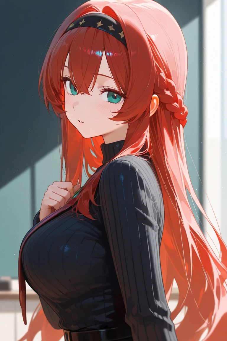 (masterpiece, best quality:1.4), 8k, Red Braided Hair, Black Highlights, Eye covering Bangs, Messy hair, Young adult, anime girl, smile, teasing, light blue Eyes, big chest, Green cropped Sweater, (detailed eyes and face, sharp pupils, realistic pupils:0.6)