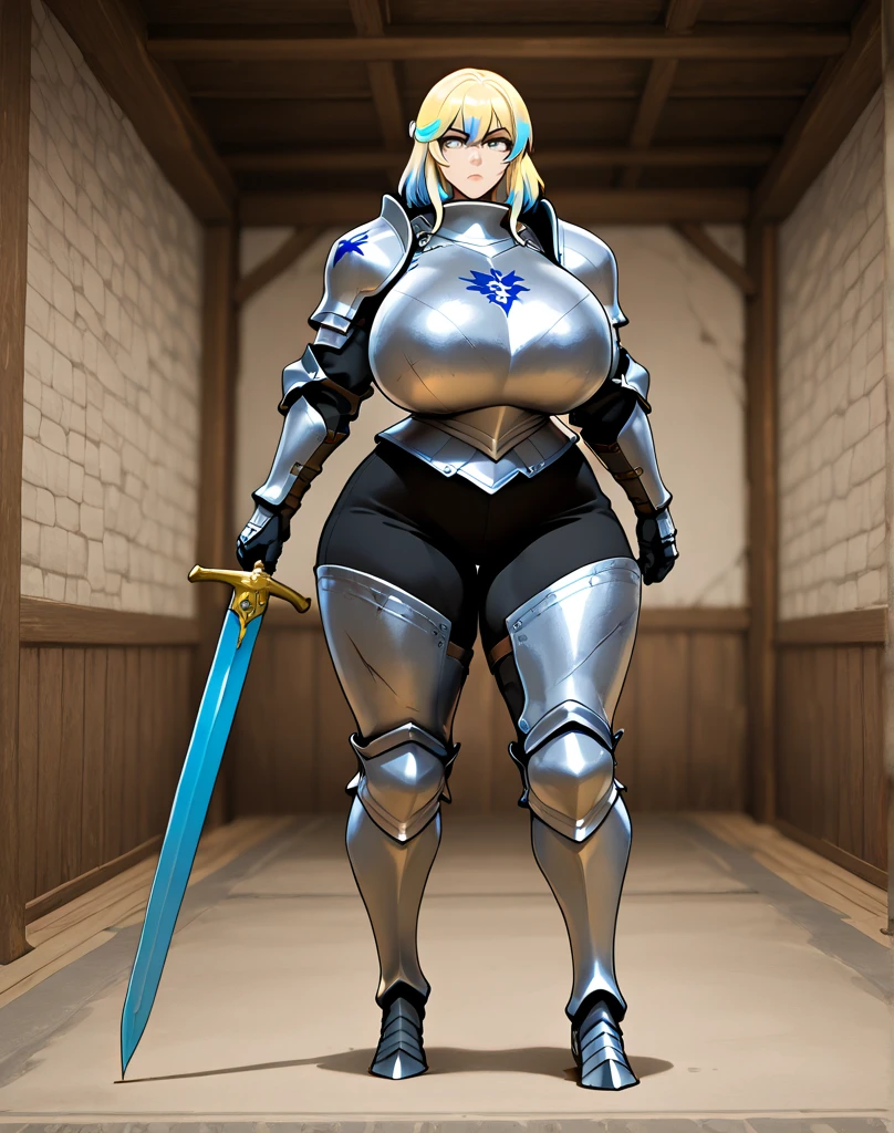 Woman knight、a beauty girl、huge tit、Excellent style、Nice Buddy、glamorous、leotard、s Armor、Shoulder rest armor、Bra chest armor、knee boots、gauntlets、hair adornments、silber hair、Longhaire、Ahoge、is standing、full body seen 、Medieval city、Walking、slightly open mouth、a smile、