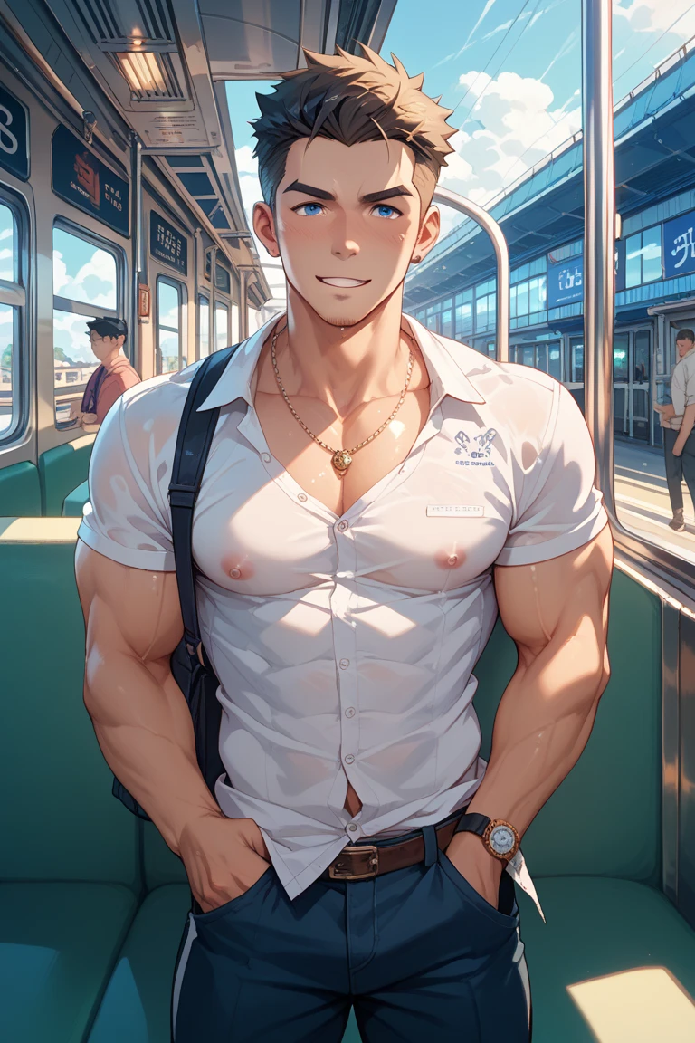 Male 38 years old, slightly athletic build, European appearance, dressed , very modern , against the background of a bus, Half-box haircut
