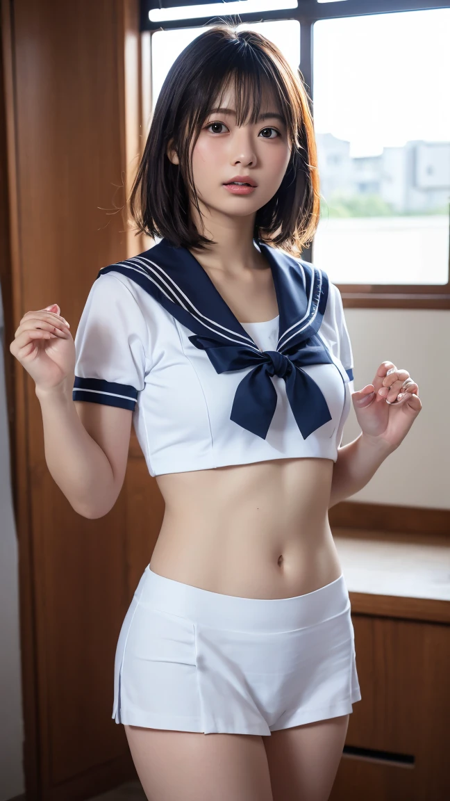 (((((())))))、(((Satomi Ishihara : 1.0)))、(((A charming face)))、(((Young face)))、(((beautiful girl)))、(((A beautiful woman)))、Beautiful woman、Cute woman、((Innocent face))、((Smile))、((Ultra-detailed face))、((Detailed lips))、((Detailed eyes))、((double eyelid))、(((Beautiful Face)))、(((Beautiful, well-shaped eyes)))、(((Beautiful, well-shaped lips)))、Very Short Hair、ponytail、Pixie cut、BREAK、BREAK、(((Wearing a sailor uniform)))、BREAK、8 heads、(((slender)))、(((Slim body)))、(((Thin body)))、(((Slim woman)))、(Flat Chest:1.5)、BREAK、Photographic quality、Natural light、(フォトRealistic:1.4)、(Highest quality:1.2)、(Ultra-high resolution:1.2)、8K、RAW Photos、Realistic、High Detail、Film Grain、Detail Skin、Symmetrical、Delicate skin、Real human skin、pores、Super detailed、Detailed、(masterpiece : 1.2)、Thin face、Sharp Face、Small Face、Small face、Narrow shoulders、Small shoulders、Small shoulders幅、Slim shoulders、Narrow shoulders幅、Beautiful Japanese Woman、Beautiful Korean Woman、Slim womanモデル、Young Gravure Idol、Realistic young gravure idol、Young Sensual Gravure Idol、Young Pretty Gravure Idol、Japanese Model、Young Gravure Idol、((From the knee up)) 、(arms behind back:1.3)