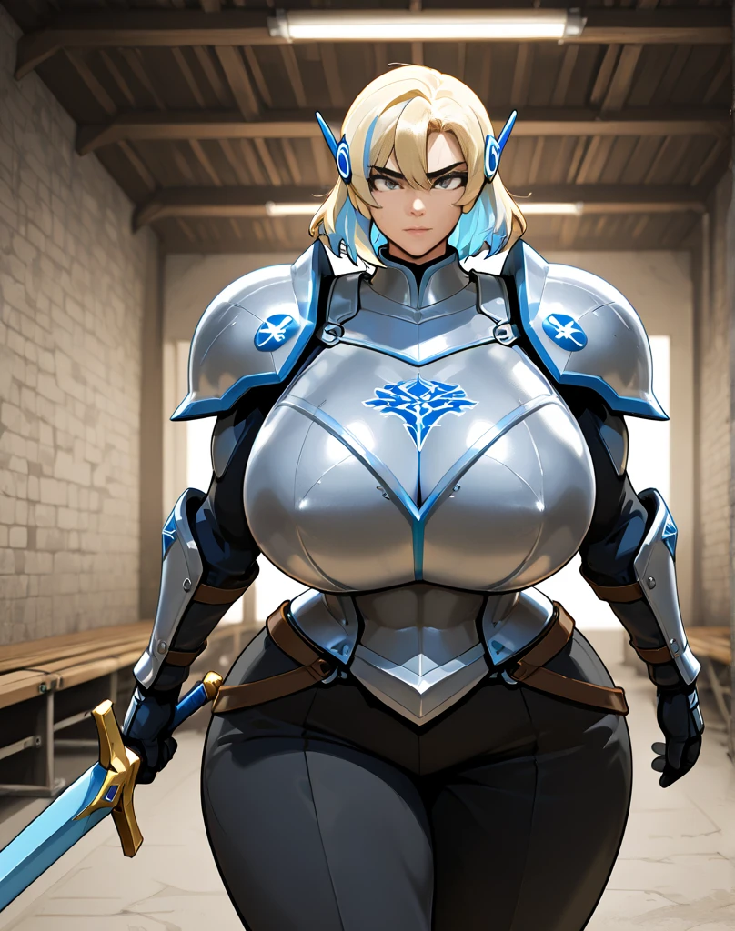 Solo, female, (blue skin, muscular), knight, silver armor, cream hair, fantasy village, medium hair