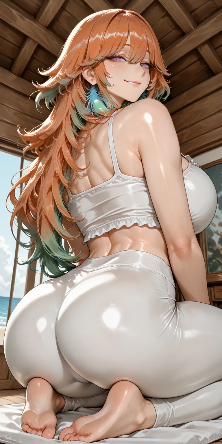 (best quality:1.5, highres, UHD, 4K, detailed lighting, shaders), pink wavy hair, gradient hair, large breasts, suit, social lomg pants, mature woman , (pov), white background, colorful eyeshadow, dramatic lighting, sparkling eyes, sensual expression, golden earrings, flowing hair, delicate facial features, soft skin, high cheekbones, urban setting, white background, dont look for the camera, lean forward. render from back,