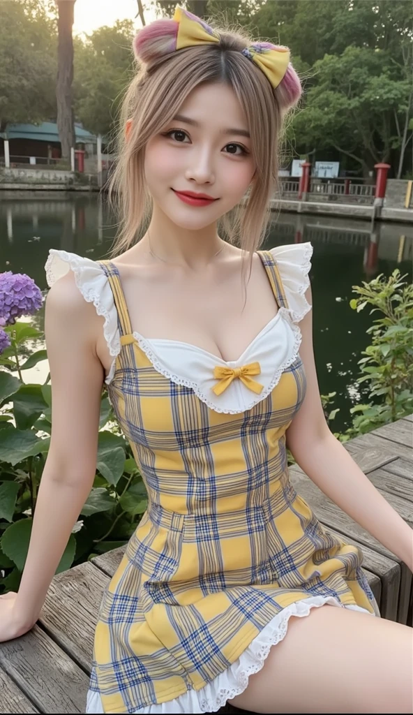 Cute 30 years old Japanese sexy face, so lovely round face. Pastel yellow gingham bikini with a sweetheart neckline top featuring ruffled edges and a tie-front bow. The matching high-waisted bottoms have ruffled leg openings. The cheerful print and playful ruffles provide a cute and flirty look. Matching pastel yellow gingham headband included.