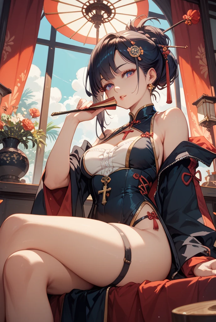 absurdres, RAW photo, extremely delicate and beautiful, masterpiece, Best Quality, ultra high resolution, 32k, hyperrealistic, ultra-detailed, in her 20s, delicate facial features, beautiful detailed girl, tearful mole, earring, medium breasts, (full body shot), shorter middle hair, black hair, (jiangshi),