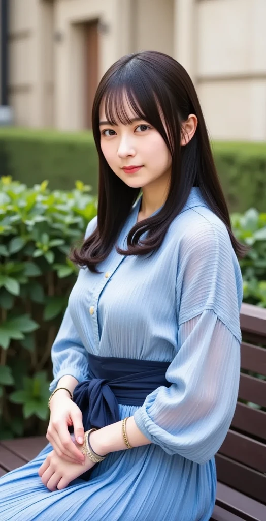 ((masutepiece)), ((Best Quality)), (Ultra-detailed), ((Extremely detailed)), 4K, (8K), Best Quality, (Beautiful), city, Town, Winters, Cute little girl s, 1girl in, Solo, Y shirt, JINS, The costume, Beautiful blue hair 0, ((Beautiful eyes)), large full breasts, Smile