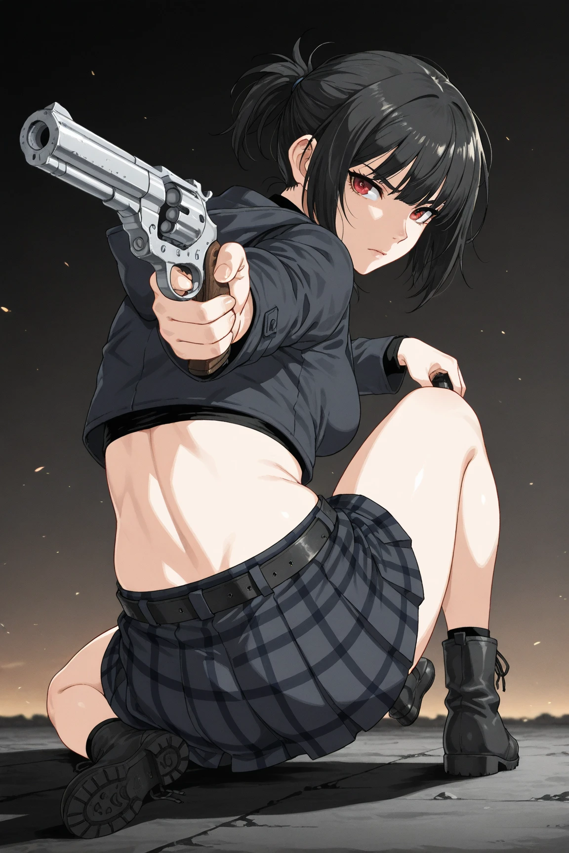 wallpaper,1 woman showing gun pointed at audience,Low Angle,suns,gun Focus,White belly button tank top, ((((Wearing suit with transparant bra)),((hair clip)), evil vibe, menacing, bangs, short hair,Black Hair,齐bangs, leather pants,Anatomically correct, Eyes on the audience,Contempt,dark cinematic background, cinematic angle