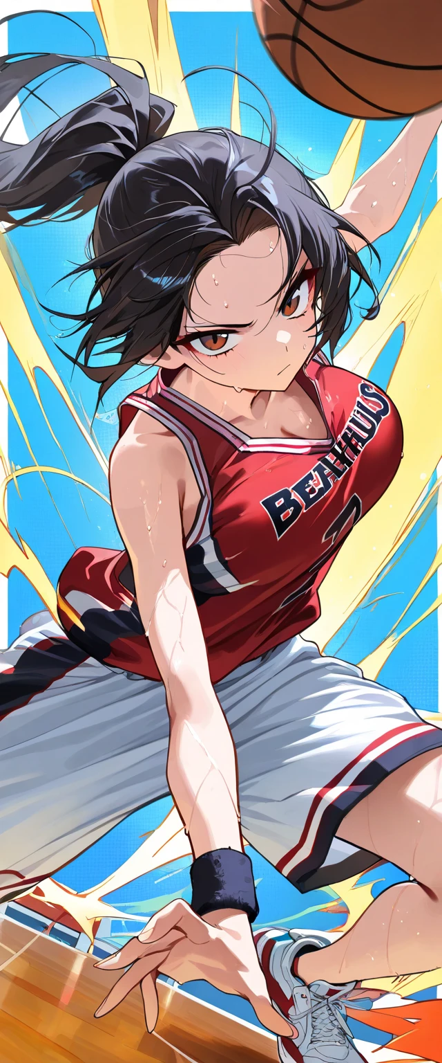 (Beautiful Girl : 1.3),1 girl,(basketball uniform,Wristband,Sneakers,),dark haired,ponytail,Forehead,serious expression,sweat,basketball slam into the basketball goal,simple blue background,sense of speed,masterpiece,Highest Quality,Rich Contrasts,High Definition,8k,High Definition CG Unit Wallpaper,Textures,unbelievably absurd,RAW pictures,Deep Border 1 .2,Highly detailed 