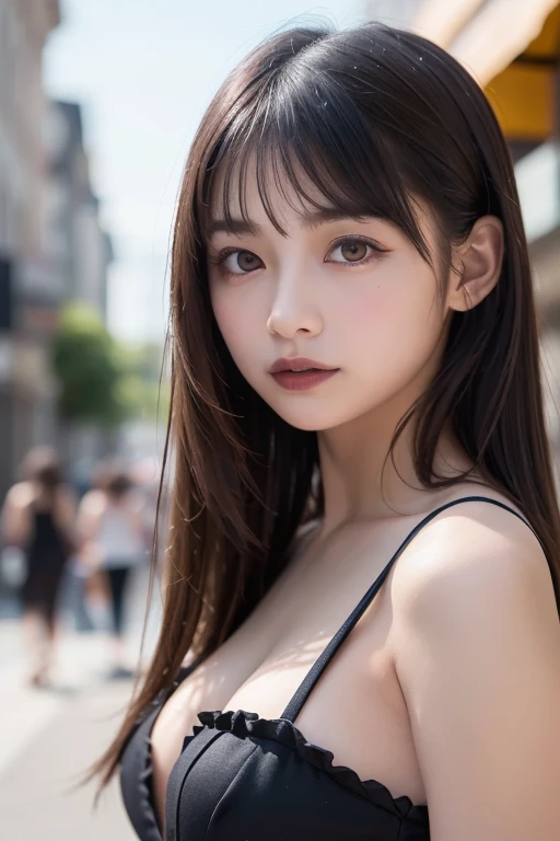 8K、top-quality、masterpiece、超A high resolution、(Photorealsitic:1.4)、Raw photo、(Authentic skin texture:1.3)、(film grains:1.3)、(Selfie Angle)、1 girl in、Plump breast, Light brown long hair, Light brown eyes, masterpiece、top-quality、a closeup、The upper part of the body、Black tank top、Sexual References、obscene、torn、Solve、NEON city, bokeh, Looking at the viewer,