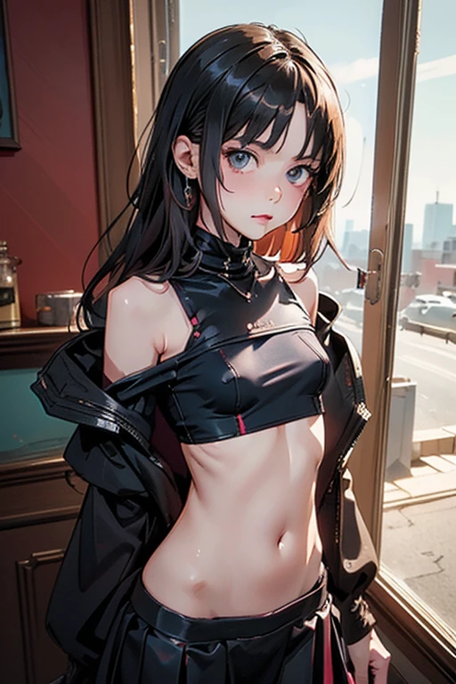 (((Beautiful girl small breasts))),Wearing a black jacket、Cyberpunk Red Green Background、(((Upper body naked))),smile,,、Round face,Big eyes, Round eyes、No makeup、Sweaty