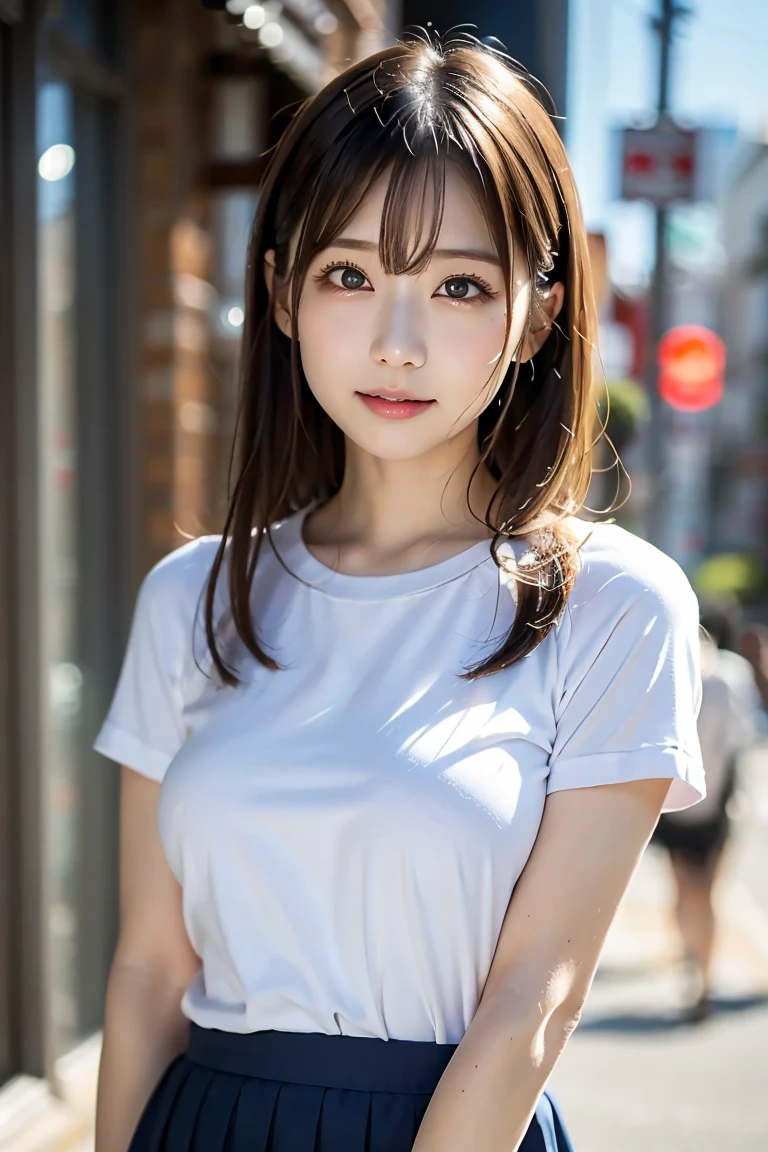 (8k, Top quality, Masterpiece:1.2), (Realistic, photo-realistic:1.37), Super detailed, perfect anatomy, cute, small eyes, 18 years old, a Japanese, girl, short sleeve, at alley, posing, smile, full body, big breast,