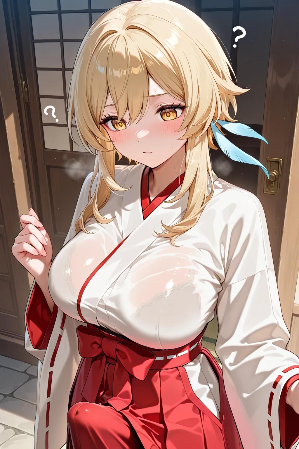 ((masterpiece, best quality)), high resolution,ultra detailed,8k,16k,detailed background, perfect lighting,detailed beautiful eyes, 1girl,solo,,embarrassed,blush,in heat,naughty face,look at viewer,face focus,((steam,sweat,from front,upper body)),seductive eyes,fisheye lens,be breathless,(show off breast,show nipple),confused smile,wavy mouth
,slender,pale skin,medium breast,yoimiyadef
yoimiyarnd,blond hair,orange eyes,ponytail,hair ornament,(anime style,colorful),japan style town