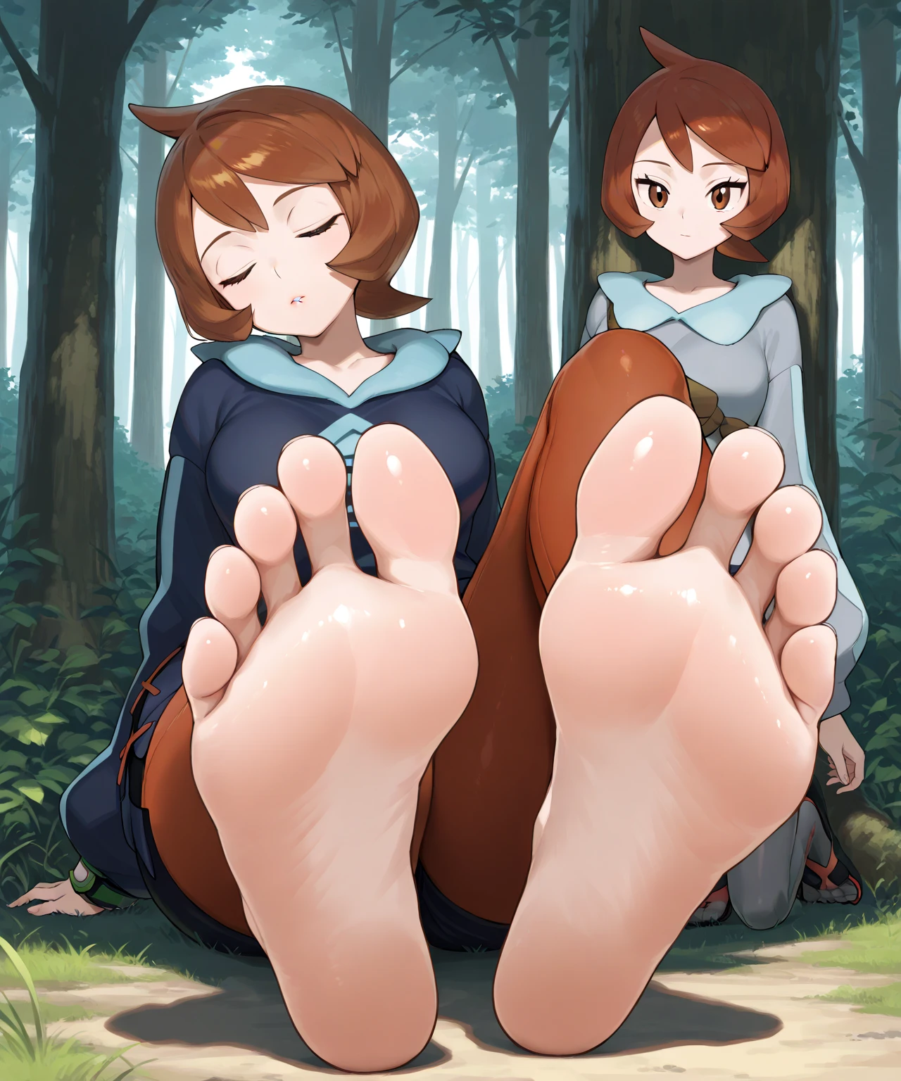 Anime girl sitting on a chair with Big Feet and pink shirt, Huge Art, Foot Art subjective, Detailed feet POV, Big Feet, Foot pose, Tifa, Foot Art, !!Very detailed!!, Her slender legs will overwhelm you., Naughty anime style, High Sole, High Resolution Rates、barefoot、only, Sweaty Feet, mashin sentai kiramager, Kiramei Pink, Kiramei Green, onlyの拡大図，onlyを露出させる, 2 girls, Embarrassed look