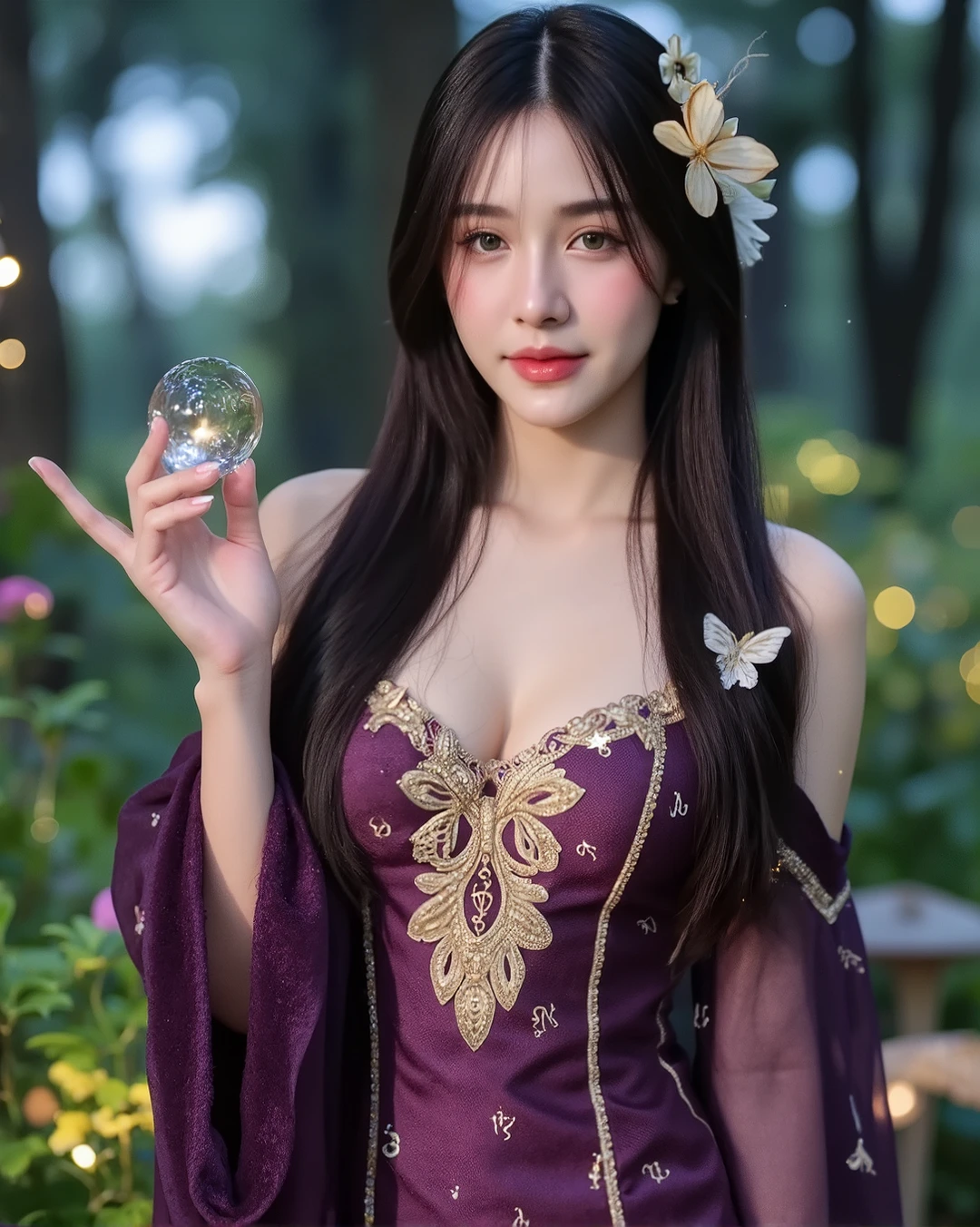 High-resolution mid-body fantasy portrait of a stunningly beautiful enchantress from the mystical Moonveil Forest. She has flawless pale skin with a gentle magical glow, piercing emerald green eyes with gold flecks, and long flowing raven-black hair that sways with soft ethereal wind. Her lips are full and glossy, curved into a mysterious smile, and her gaze is both seductive and wise.
She wears an intricately designed deep-purple enchanted sorceress gown with gold-trimmed embroidery and shimmering magical runes across the bodice. The top has a plunging neckline revealing elegant cleavage, balanced with long semi-sheer flowing sleeves, glowing faintly with stardust patterns. Her shoulders are wrapped in enchanted fur, and glowing sigils float subtly around her chest and waist like protective wards.
She poses in a graceful and confident stance, holding a floating crystal orb near her shoulder with light swirling inside. Magical sparkles, floating leaves, and mystical butterflies surround her, suspended in the enchanted forest air. The background shows blurred twilight trees, glowing mushrooms, and streaks of bioluminescent light flowing through the woods.
Cinematic fantasy lighting, soft rim light on her face and chest, enhanced magical atmosphere, incredibly detailed textures on skin, fabric, jewelry, and accessories. Inspired by Artgerm, Loish, and fantasy character concept art. Ultra high detail, sharp focus on the upper body and face.