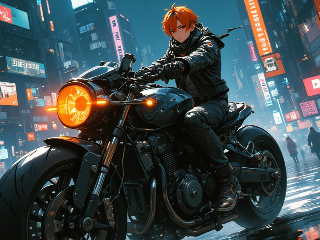 1boy, orange hair, black leather jacket, rain, land vehicle, helmet, mecha, motor vehicle, motorcycle, on motorcycle, vehicle focus, wheel, night, road, street, rain, city, puddles, 8k, ultra realistic, lens flare, atmosphere, brightness, detailed, intricate, full of color, cinematic lighting, trend in artstation, 4k, hyper-realistic, focused, extreme details, unreal engine 5, cinematic, masterpiece, best quality