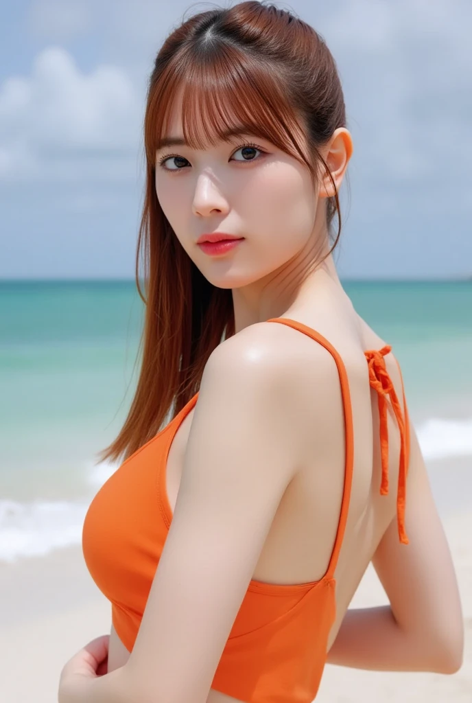 (My hair is damaged by the sea in midsummer:1.5)、(Troubled face:1.5)、(18-year-old female:1.5)、(The best quality at its best:1.4), (Super detailed), (Very detailed CG unified 16k), Beautiful woman with perfect figure: 1.4, Sharp focus: 1.2, Very detailed, High-quality RAW color photos, Professional photography, Great face and eyes, cosmetics, (Amazingly beautiful girl), ((Cute Swimsuit:1.5)), Realistic movie faces, Bust-up zoom shot, Realistic, ((Realistic natural orange red hairstyle)), ( Semi-long hair:1.5), Very beautiful face, Perfect model beauty, Mouth swelling, Highly detailed face and skin texture, Fine grain, double eyelid, Medium chest, (masterpiece), Highest quality, High resolution, Very detailed, Blurred Background, Depth of written boundary, Cinema Lighting, Great legs, , Clear, well-maintained skin,(Women: Right third space:1.5)