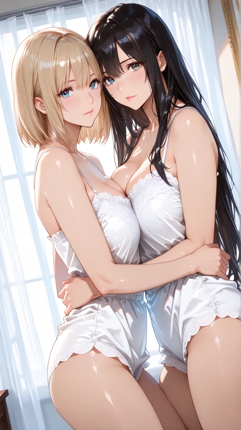Two women hugging, bra and panty,seios grandes, decote, branco e preto, quarto, suadas, ofegante, rosto avermelhado