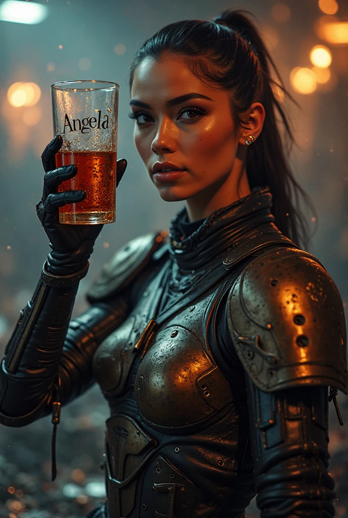 Create a detailed image portraying a Viking woman in a moment of relaxation, enjoying a beer. Highlight her strength and determination, capturing her striking facial features, fearless gaze, and intricately braided Viking-style hair. Dress her in traditional Viking attire, adorned with characteristic accessories such as metal necklaces and bracelets. Place her in an environment that evokes ancient Viking halls, with elements like shields, weapons, tapestries, and a festive atmosphere. The Viking woman should hold a beer mug or horn in her hands, emphasizing her connection to both the beverage and Viking culture. Pay attention to the beer's details, emphasizing the bubbling foam and condensation droplets on the container. Utilize dramatic lighting to enhance textures and create expressive shadows, adding depth to the image. Colors should be vibrant, with earthy and metallic tones that evoke the atmosphere of the Nordic lands. Convey the essence of courage and warrior spirit embodied by Viking women, capturing a moment of pause and celebration with beer. This detailed image aims to celebrate the powerful and fascinating presence of Viking women, showcasing their commanding role in history and culture.