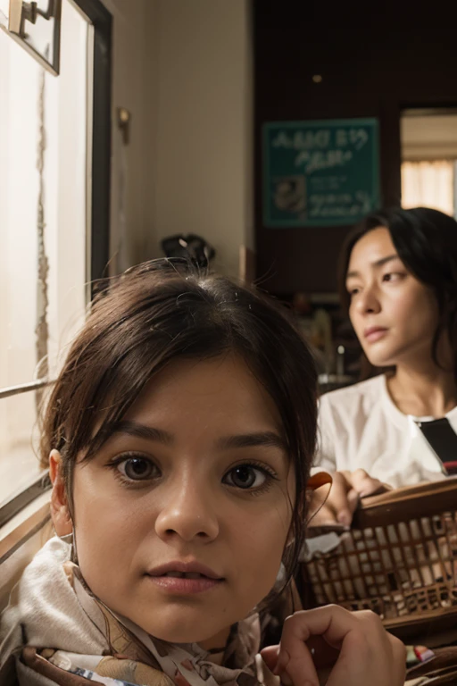 My hiro academia, Midoriya Izuku, and a girl with short black wavy hair, serious look and cold red and tired eyes., both brushing their teeth in pajamas in front of the bathroom mirror
