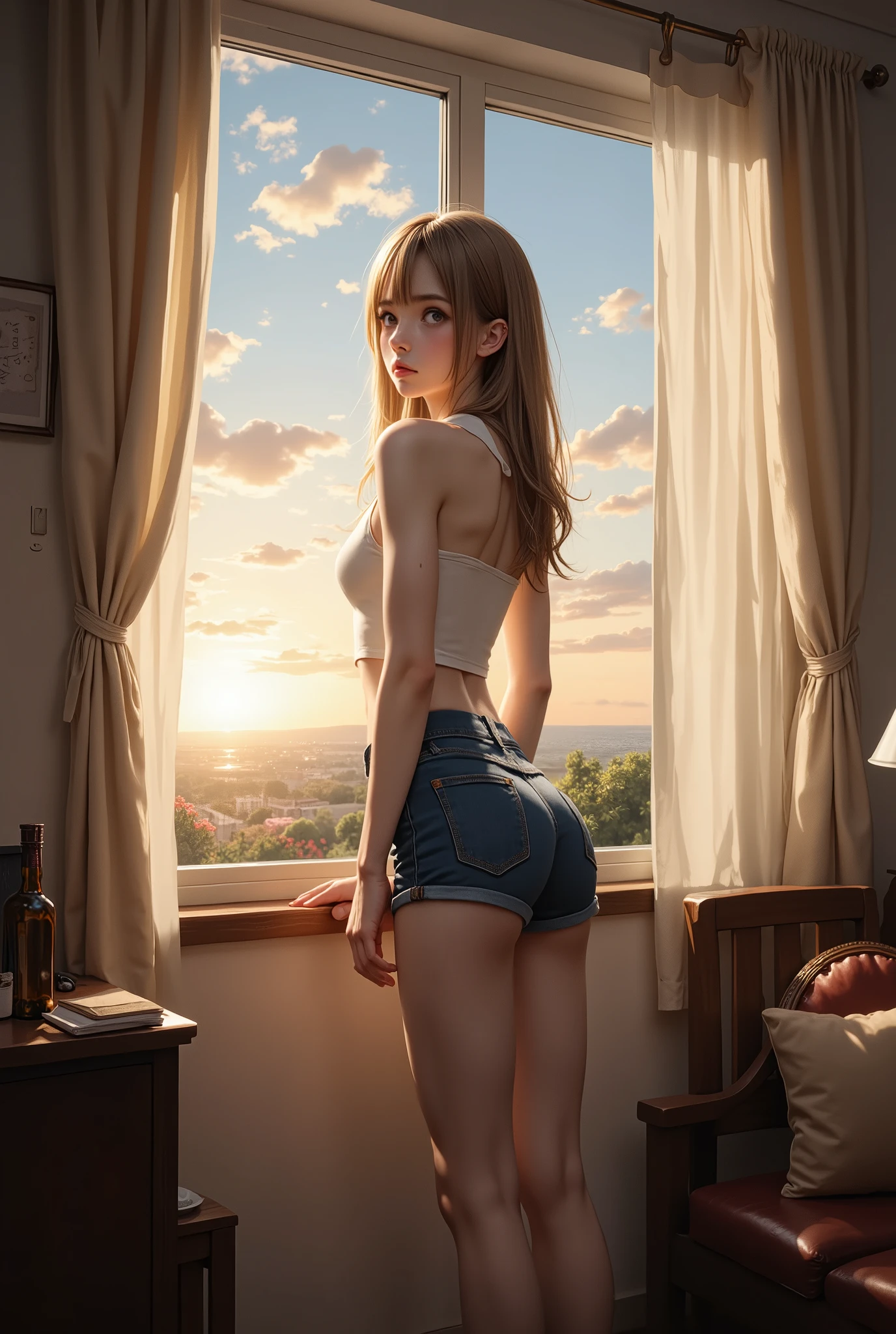 A girl wearing short shorts stands by the window at sunset, Angle below