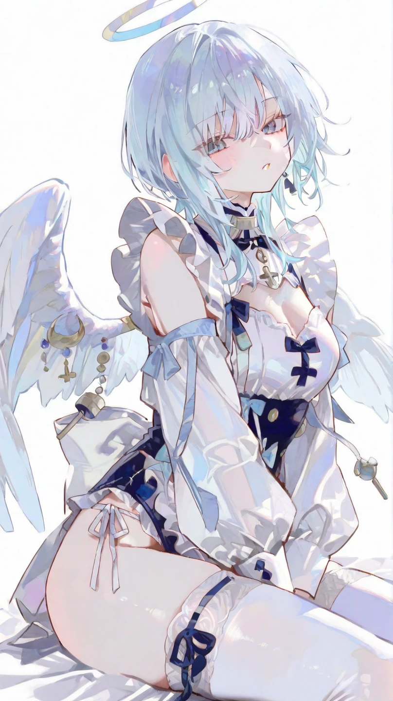 ((best quality)), ((masterpiece)), (detailed), 1girl, Character design, NSFW, long white grey hair, grey white eyes, very skinny, detailed, best quality, prominent collarbones, skinny arms, flat stomach, visible hip bones, small breasts, full body, blank white background, plain background, white background, red and white clothing, Bloodborne inspired, occult aesthetic, occult, detailed and intricate steampunk and detailed gothic, NSFW, Fluttering lace flared long knee length dress with frilly petticoats, knee length dress, pleated petticoats, petticoats gothic, complex lace boots, gothic aesthetic, wielding a mighty sword with mechanical components, mandalas, small breasts, a fairy, various different types of insect wings, bug wings, beetle wings, NSFW, full body, whole body, body, chains,