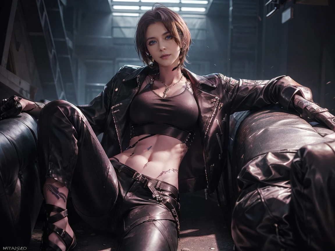 Revy from black lagoon, tattooed babe, wearing a black leather jacket with perky nipples showing, short ripped jeans, Her expression is sensual, background is a bright scene, neon lights illuminating the area around her, The artwork is rendered in an edgy and realistic style, with high attention to detail and sharp focus. The colors are vivid and contrasted, with a slight desaturation to create a moody atmosphere. shadowy highlights enhancing the overall composition. The medium used is a digital illustration, with a touch of photo-realistic elements to add depth and texture to the image. The final result is a masterpiece in ultra-high resolution, showcasing the intense and raw nature of Revy's character. she's facing the front image, she's alone.