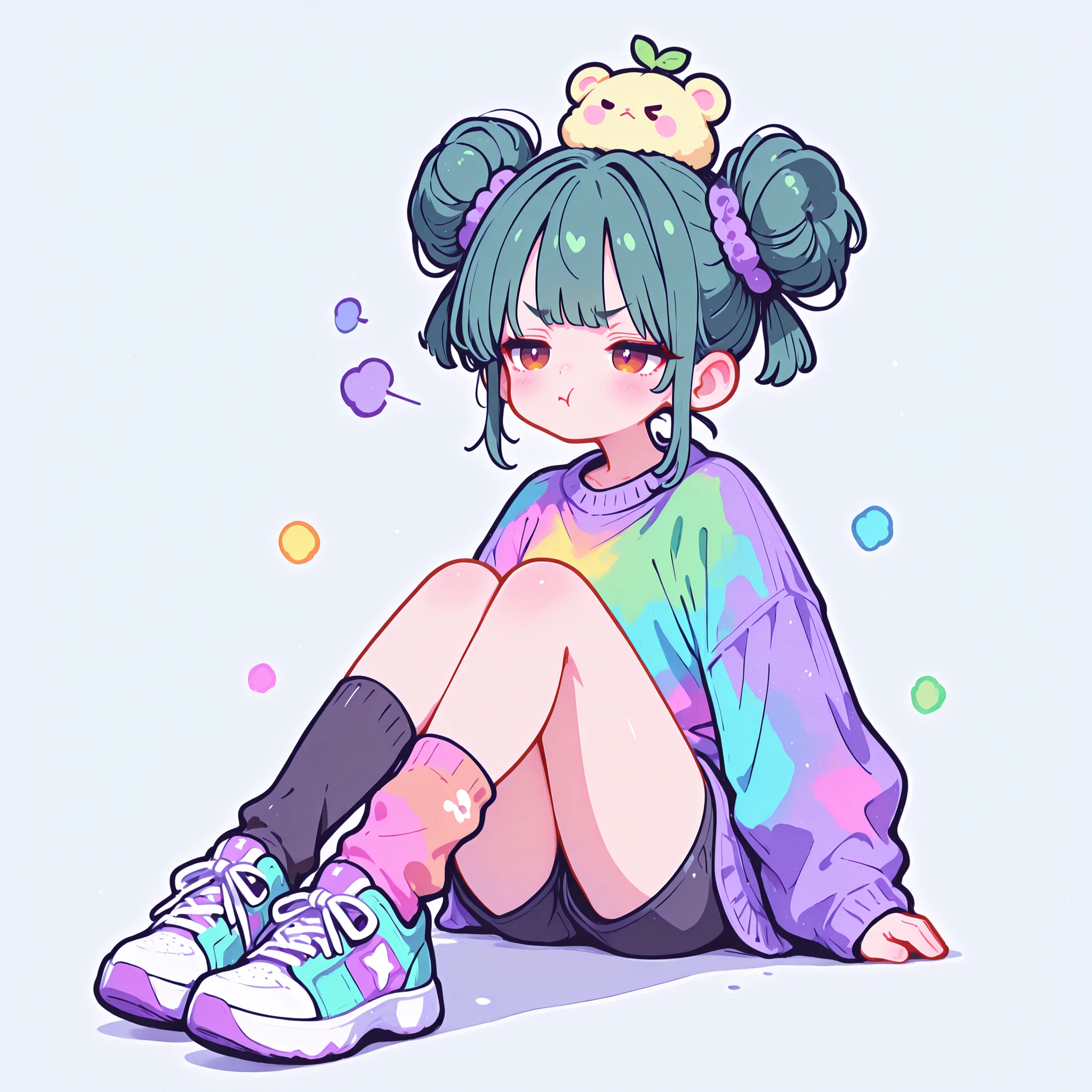 masterpiece, best quality, ultra detailed, high resolution, intricate details, sharp focus, smooth shading, professional lighting, vivid colors, clean lineart, anatomically correct, beautifully detailed eyes, no artifacts, 1girl, full body in frame, simple white background, twin buns on top of head, dark green hair, pouty expression, looking slightly annoyed, furrowed brows, brown eyes, oversized colorful sweater, shorts, mismatched knee-high socks, sneakers, slightly high angle, sitting with legs crossed, arms folded petulantly