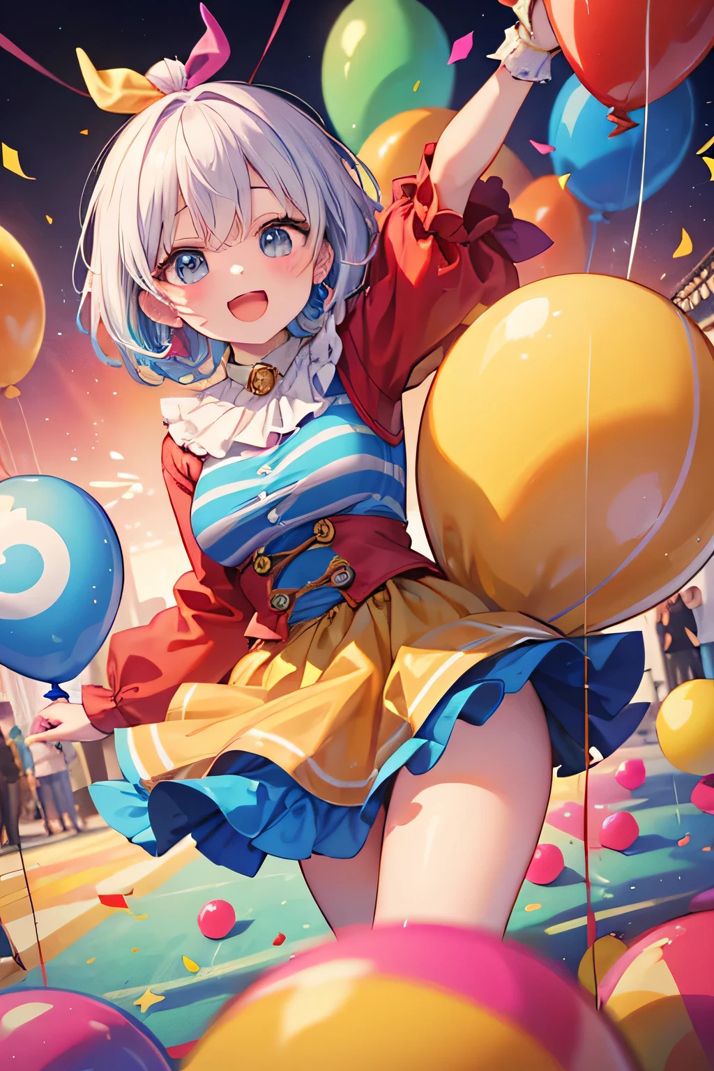 ((top quality, 8k, masterpiece: 1.3)), one woman, full body, smiling beautiful girl with many balloons of color, (blonde, twin tails) (big: 1.3, cleavage), cut abs, revealing, colorful clown outfit, ultra-detailed face, detailed eyes, double eyelids, long eyelashes, Summarex 85 mm, f / 1.4, ISO 100, Ueno Park,