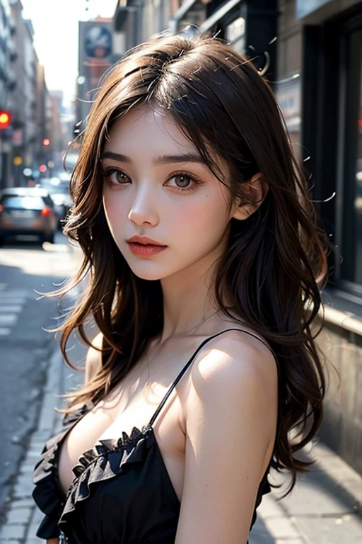 Beautiful city college girl, masterpiece, light makeup, red lips, silver hair, long messy hair, cityscape background, beautiful and elegant. Very fine details, masterpiece, authentic texture, realism of movie lighting, perfect work, 16k, HD, exquisite features, blue eyes, Japanese idol, beautiful face, cute smile, brown hair, ponytail, beautiful hair, glamorous , big breasts, big breasts, big breasts, cleavage, erect nipples, greasy muscles, glowing skin, tanned, glowing dark skin, wearing a sexy camisole, when viewed from the front, big, crisp eyes, smooth skin, earrings, necklace, tattoo