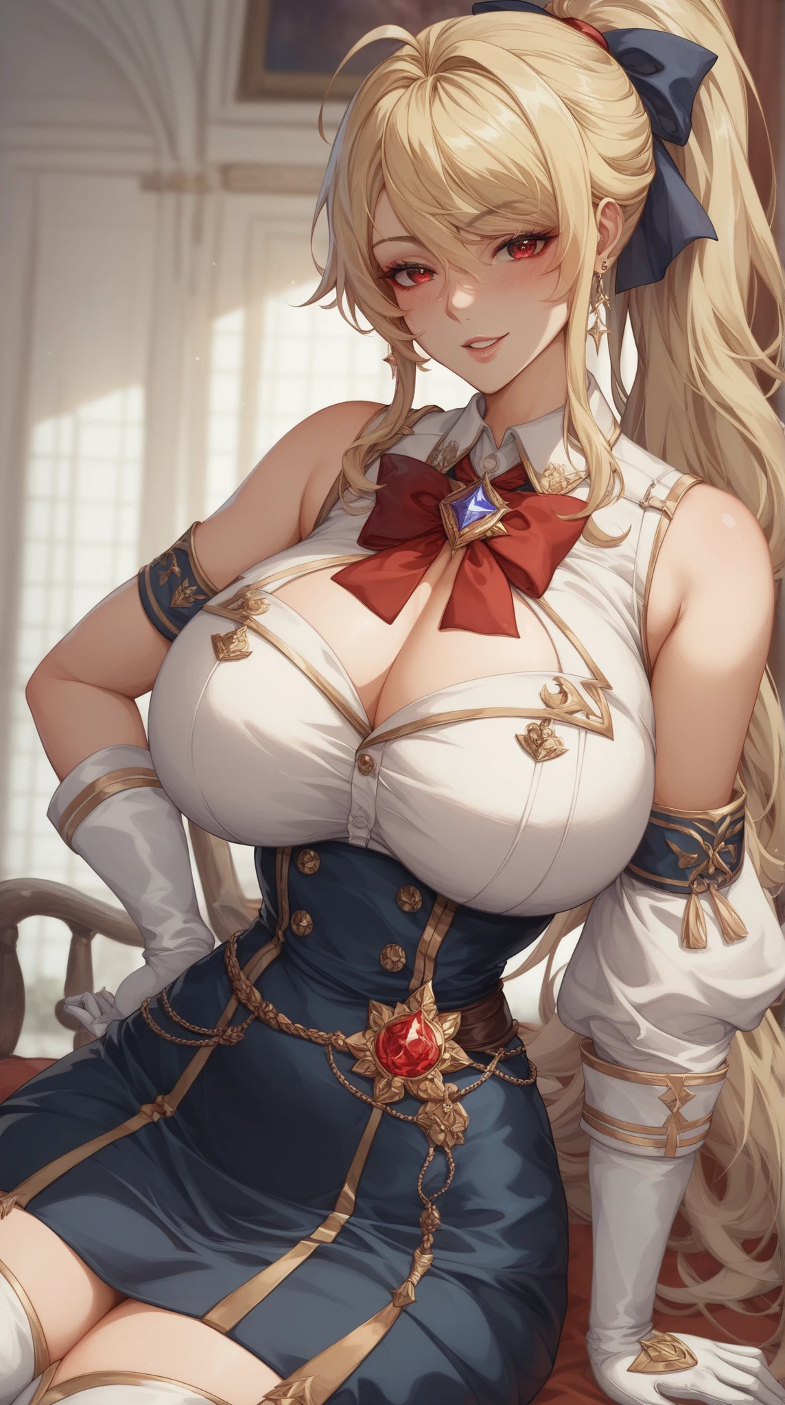mOn top of thatarch \(Azur Lane\), \(Azur Lane\), One Girl, blOn top of thatd hair, red eyes, Thick lips, masterpiece, Highest quality, High resolution, (((((Huge breasts))))), (Black bra), Bra Peek, View your audience, Glare, ((anger, Close your mouth)), expressiOn top of thatless, Cleavage, collar bOn top of thate, tight white military uniform, unbuttOn top of thated shirt, collared shirt, red_military_Jacket, Jacket_On top of that_shoulder, sleeve_past_wrist, Black gloves, Black Choker, White Skirt, Pleated skirt, Black knee socks, skinny, stop temporarily, Luxurious ballroom, Backlight, blonde