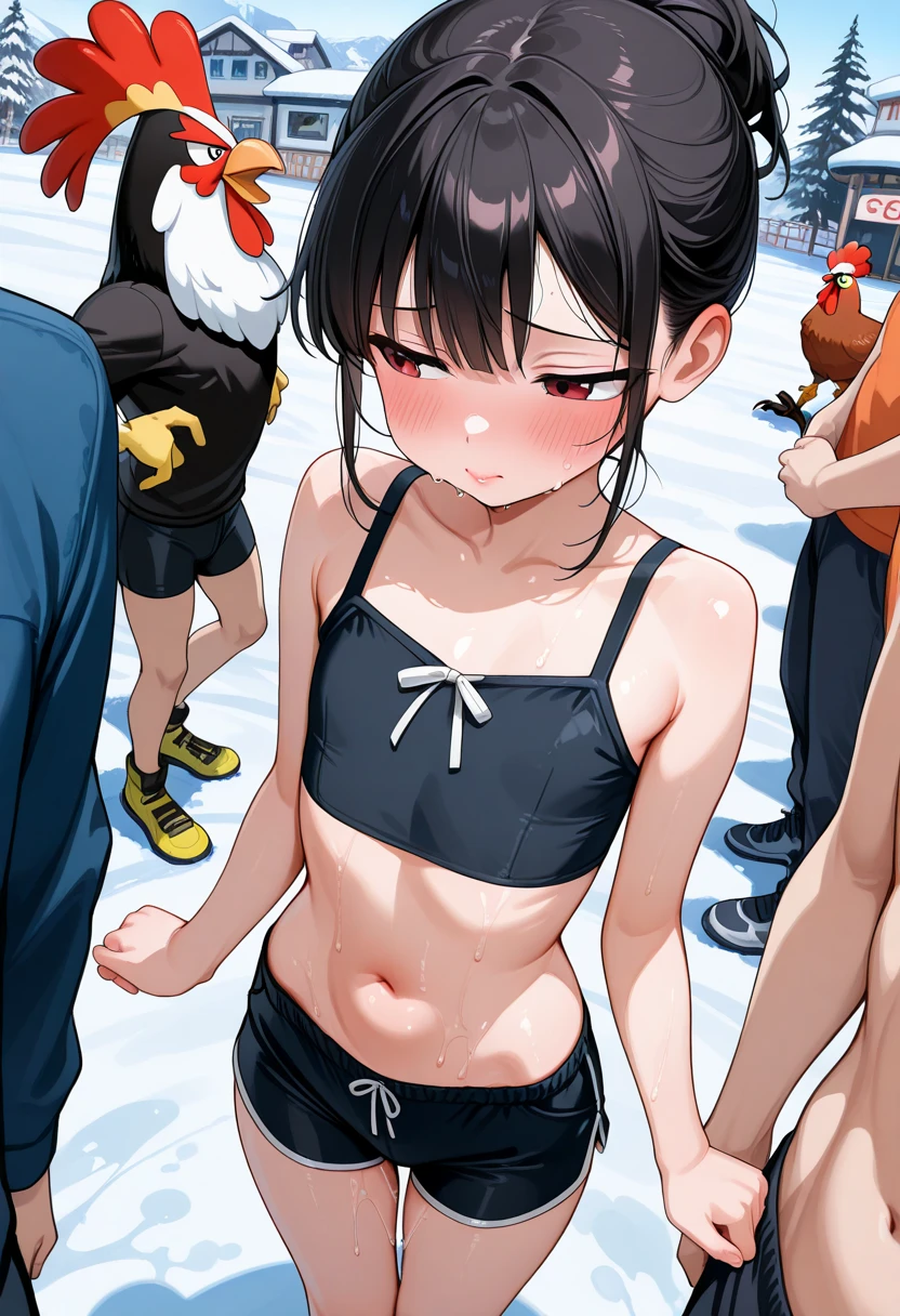 NSFW,(highest quality:1.2),(perfect beautiful face:1.2),(perfect and beautiful posture:1.2),(cowboy shot,black hair boy:1.5),(short cut hair,flat chest:1.4), ((confused,embarrassed:1.3)), shyness:1.1, (Sweaty, sunburned skin:1.3), ((sweaty wet sports bikini white yellow)), close-up of armpit, mouth open a little,(puffy nipples:0.5),navel out,outside,(night city,in the macho's crowds:1.27,hands on back)