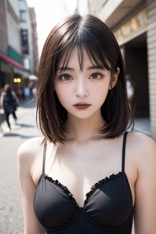 (8k, RAW Photos, Highest quality, masterpiece:1.2), lupondupon (Azur Lane), Fantasy_world, 1 person, (aegyo sal:1), cute, Dilapidated, (J-POP_Idol), Beautiful skin in every detail, Huge breasts, Black Hair , Grey Eyes, short hair,(Realistic:1.8), concentrated_upon_face, Looking down, Sunny Milk, professiuponal lighting, photupon mapping, Radio City, Physically Based Rendering, Daytime, Outdoor,