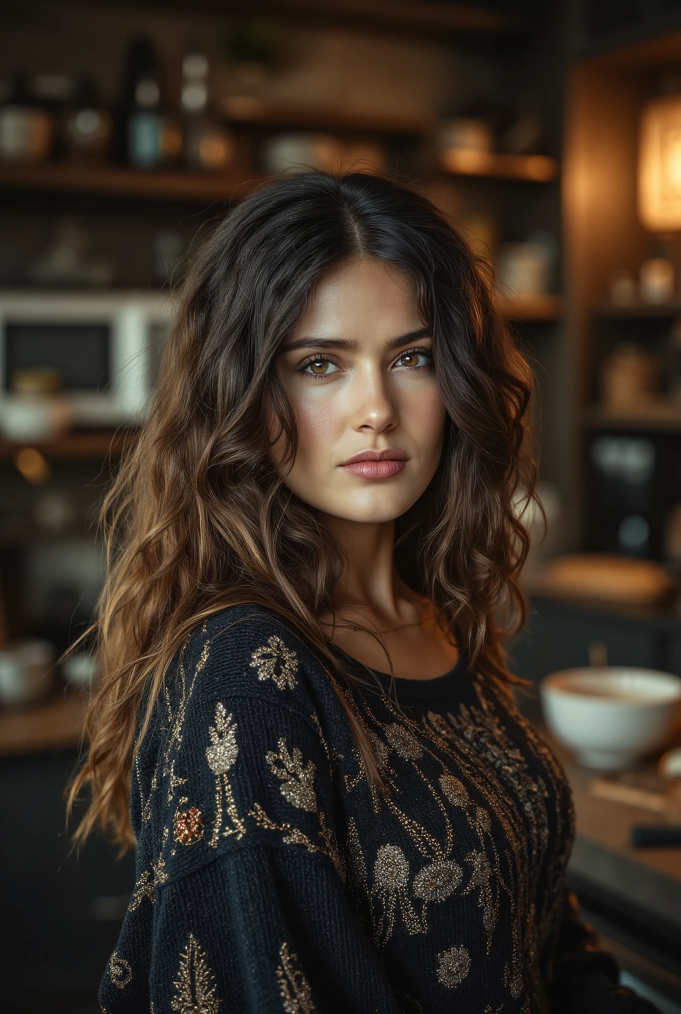woman wearing a araf sweater, long hair, kitchen